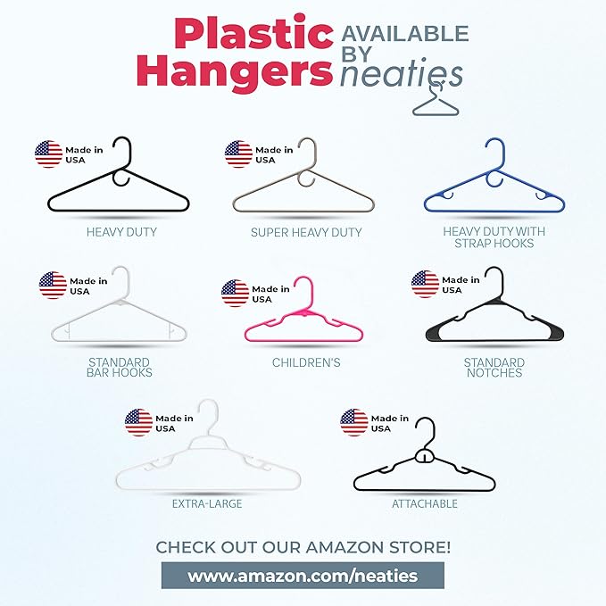 Neaties Plastic Hangers 100 Pack – Made in the USA – 6lb Capacity Standard Clothes Hangers with Strap Hooks for Dresses, Lingerie, Shirts, Pants, and Jackets – Blue