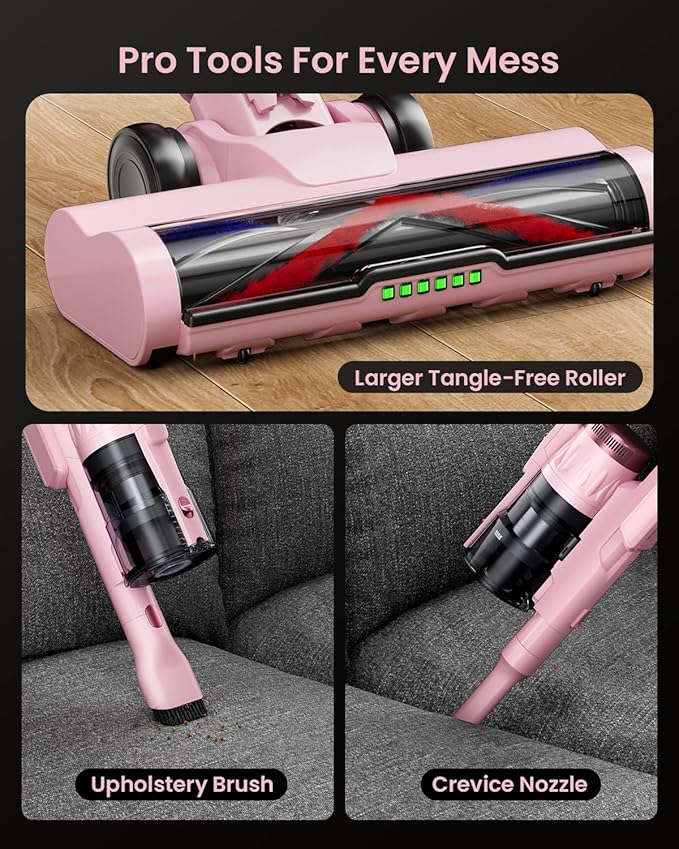 Cordless Vacuum Cleaner for Home, Upgraded 60Kpa Powerful Suction Pet Hair Vacuum with 70min Runtime, Green LED Light for Hardwood Floors & Carpet, Self-Standing Rechargeable Stick Vacuum, Light Pink