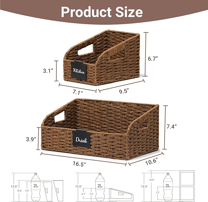 Wicker Baskets for Organizing,Pantry, Kitchen Counter with Handles, Handwoven Woven Storage Baskets for Fruit, Bread, Vegetable, Paper Storage Bins for Shelves, 3 Pack, Brown 2 Set