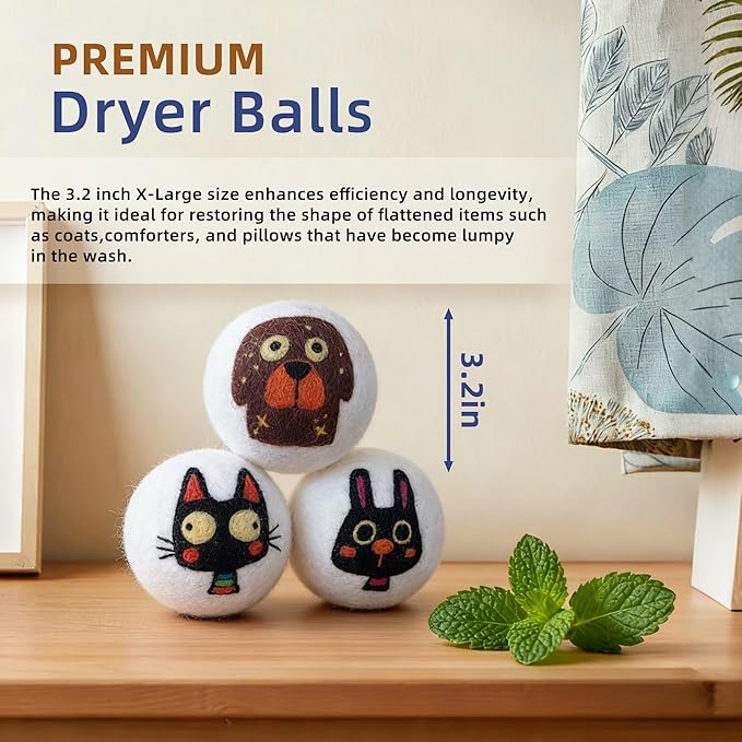 Reusable Wool Dryer Balls, 3.2-inch Handmade Felted Wool Balls (3-Pack), Softens Clothes, Naturally Reduces Drying Time and Static Electricity