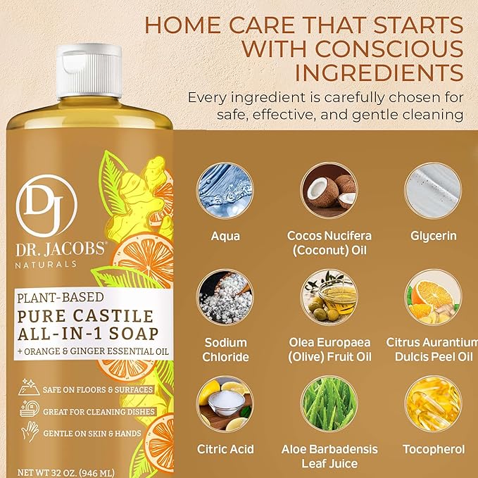 Dr. Jacobs Naturals Orange & Ginger Castile All-In-One Cleaner and Soap - Plant-Based Formula for House Cleaning Floors and Appliances - Gentle on Skin and the Planet - 32 oz, 1 Pack
