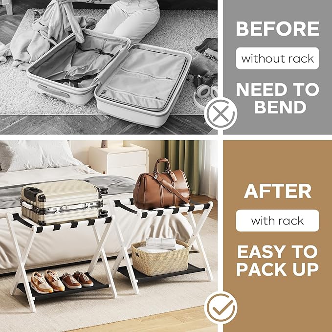 oakvivo Fully Assembled 2 Pack Luggage Rack with Fabric Storage Shelf, 26.77" Bamboo Folding Luggage Rack for Guest Room, Luggage Stand Holder, Thickened Suitcase Stand Holds up to 165 Lbs, White