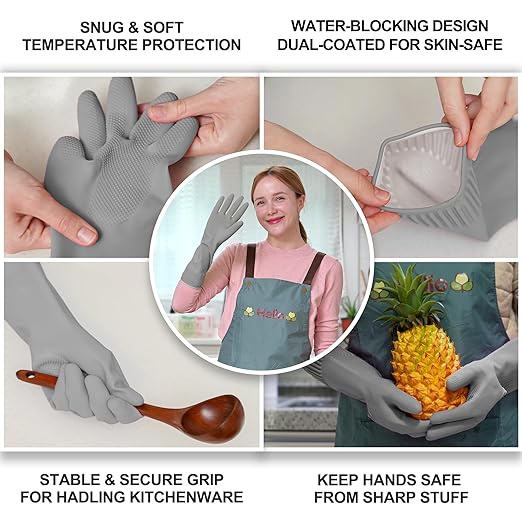 Mamison 2 Pairs Reusable Waterproof Household Dishwashing Cleaning Rubber Gloves, Non-Slip Kitchen Glove (Grey, Large (Pack of 3))