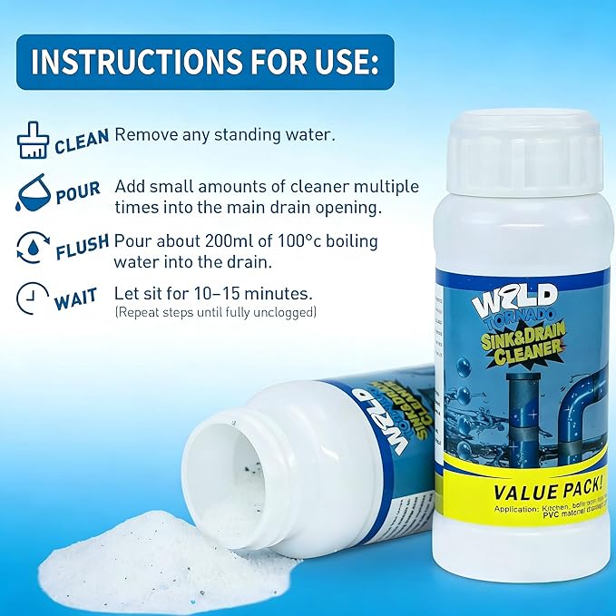 2pc Wild Tornado Sink and Drain Cleaner Powder - Powerful Pipe Dredge for Kitchen & Toilet, Drain Clog Remover, Pipeline Dredging Agent (4)