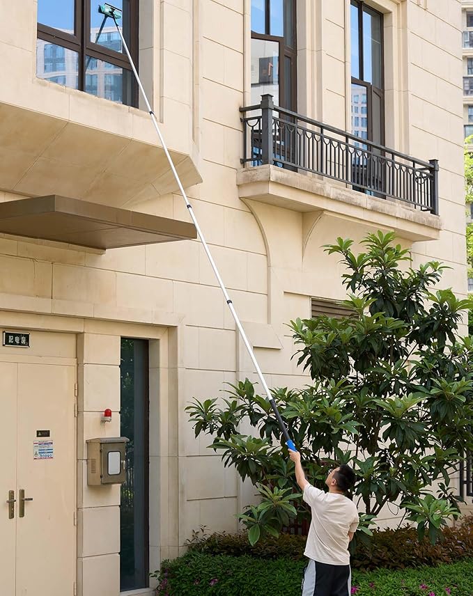25 Foot High Reach Ceiling Fan Duster with 7-18ft Heavy Duty Extension Pole, Microfiber Feather, Cobweb Duster, Window Squeegee Kit, Cleaning Gloves