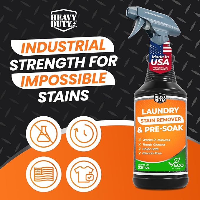 Heavy Duty Laundry Stain Remover & Pre-Soak Spray - 32 fl oz - Industrial Strength Fabric Spot Cleaner - Removes Oil, Blood, Urine, Pet, Grass, Sweat - Pre-Wash Treatment - Color Safe, Non-Bleach