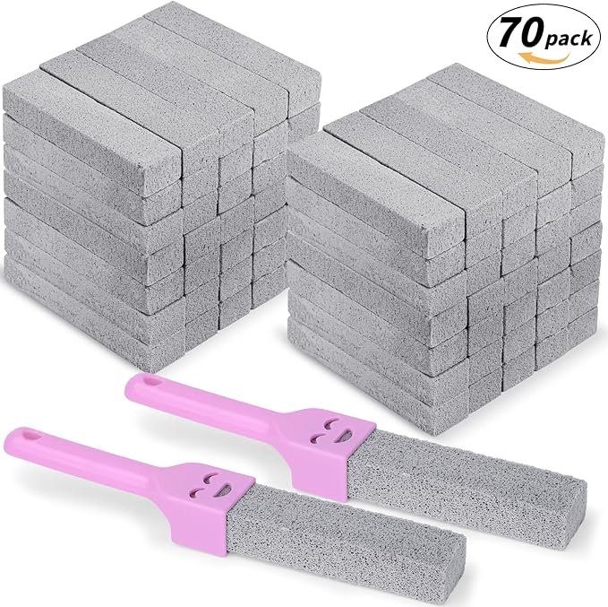 70 Pack Pumice Stones Bulk for Cleaning - Grey Pumice Scouring Pad with 2 Universal Handles, Pumice Stick Cleaner for Removing Toilet Bowl Ring, Bath, Household, Kitchen, Pool, 5.9 x 1.4 x 0.9 Inch
