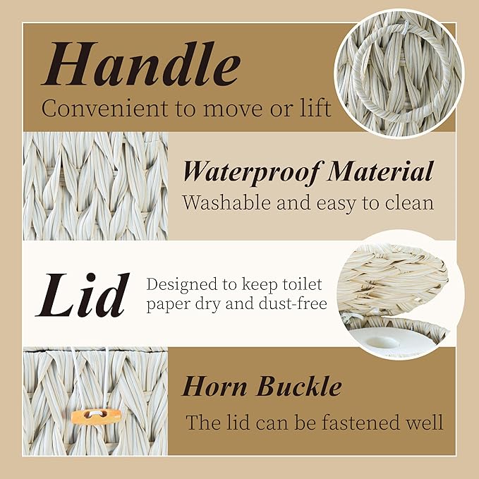 Toilet Paper Storage Basket with Lid,Toilet Paper Holder, Wicker Storage Basket with Built-in Handles for up to 6 Mega Rolls, Baskets Bathroom Accessories (Butter Milk)