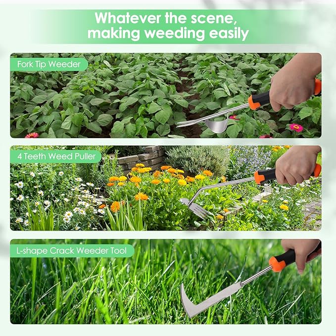 Weed Puller Tool, Set of 3, Rubber Handle Weed Remover Tool, Manual Weeder,L-Shaped Weeding Tool, Thickened Stainless Steel Crack Weeder,Planting and Weeding for Garden, Patio