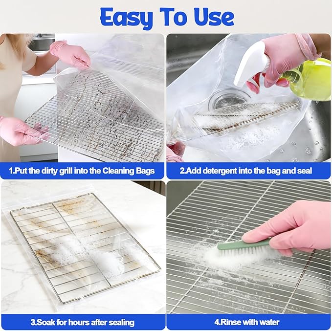 Juome Oven Rack Cleaning Bags, 4 Pack Reusable No Scrub Oven Rack Cleaning Bags Kit with 6 Gloves & 1 Brush, Leak Proof PE Cleaner Bags (19.7 * 27.5 inch) for Deep Soaking BBQ Racks, Grill Grates