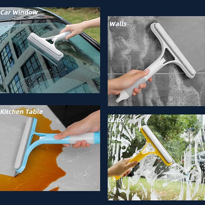 3 in 1 Window Squeegee, Cleaning Scraper with Scrubber Sponge Sprayer Clean Kit for Glass, Tile Walls, Shower Door, Car, Bathroom Cleaner (White)