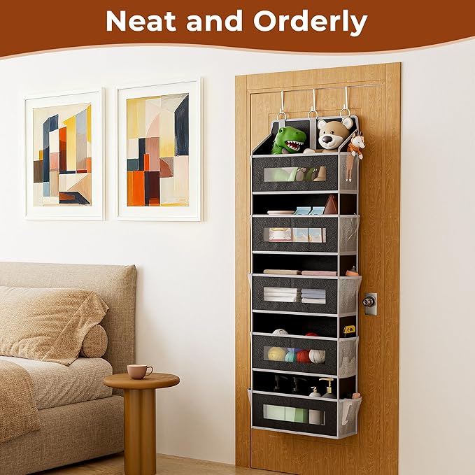 5 Tier Over The Door Organizer - Large Capacity Behind Door Hanging Shelves with 10 Mesh Pockets and Clear Windows, Closet Organizers and Storage for Bathroom, Bedroom, Nursery, 2 Pcak Black