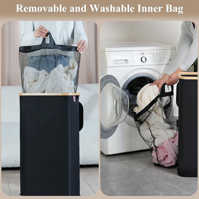 iEGrow Laundry Hamper with Lid, 110L Large Laundry Basket with Handle, Collapsible Clothes Basket Organizer with Removable 2 Inner Bag for Clothes Toys Towels - Black