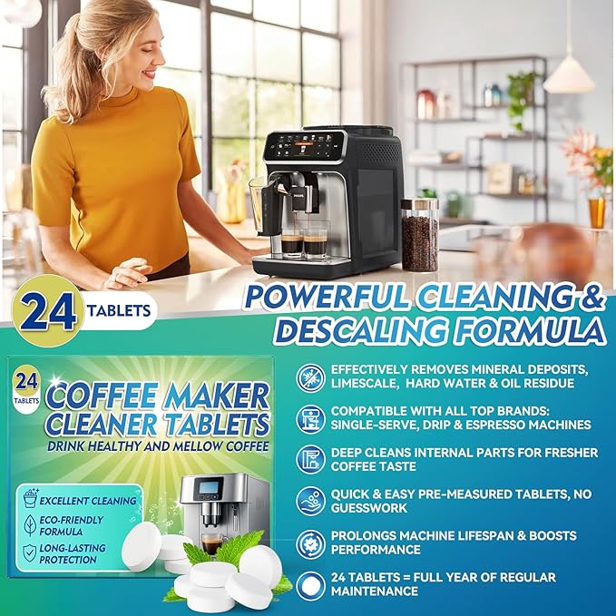 Coffee Machine Cleaner Descaler Tablets, 24 Count Coffee Maker Cleaner for Breville, Moccamaster, Nespresso, Keurig, Ninja, Delonghi, Espresso Machine Cleaning Tabs, Deeply Descales for Coffee Maker