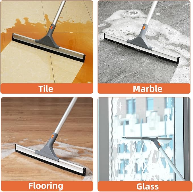Eazer Floor Squeegee Broom: Heavy Duty Scrubber with Extendable 60'' Aluminum Pole and Rubber Blade for Kitchen, Swimming Pool, Concrete Floors,Shower,Tiles,Garages,Windows,Glass,Pet Hair Removal