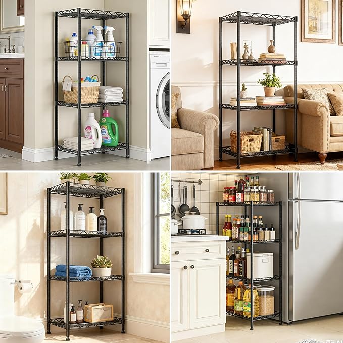 4-Tier Wire Shelf Metal Rack,Narrow Wire Shelving Unit 17.3" Wx11.4 Dx44.3 H,Height Adjustable Storage Pantry Shelves with Lockable Wheels for Kitchen,Laundry,Office,Bathroom Or Small Spaces