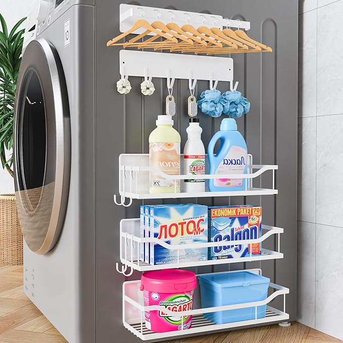 Multifunctional Magnetic Shelf for Washing Machine, Refrigerator, Microwave, and Any Metal Surface, Powerful Magnetic Shelves Include Magnetic Paper Towel Holder, Unique Hollow Design (5 pcs - White)