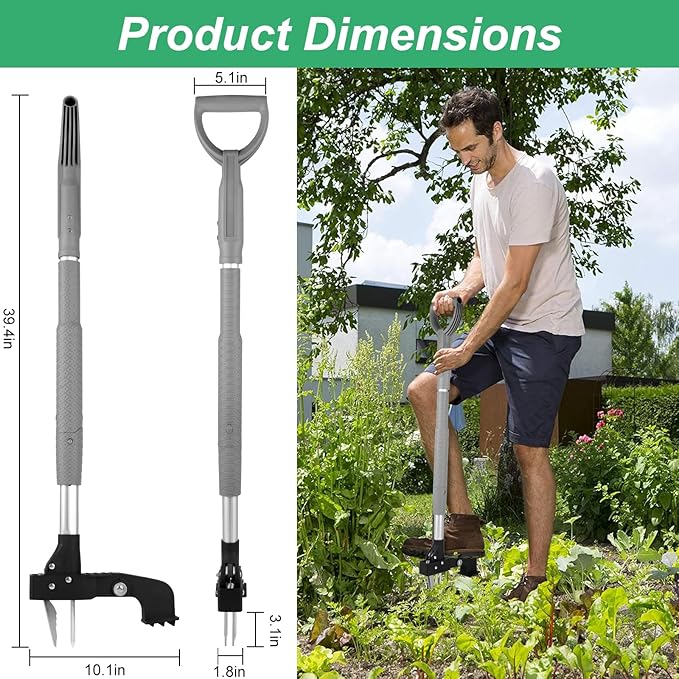Weed Puller Tool,Gardening Stand Up Weeding Tool with 40" Long Handle Heavy Duty,4-Claws Manual Weeder Remover,Weeder Root Without Bending for Dandelion Gardening Yard Patio（Grey）