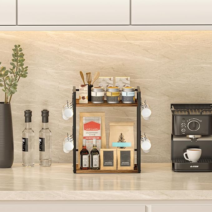 Dorhors 2 Tier Coffee Bar Accessories and Organizer,Multi-functional Mug Holder with 12 Hooks,Wood Coffee Station Organizer,Kitchen Countertop Shelf (Rustic Brown)