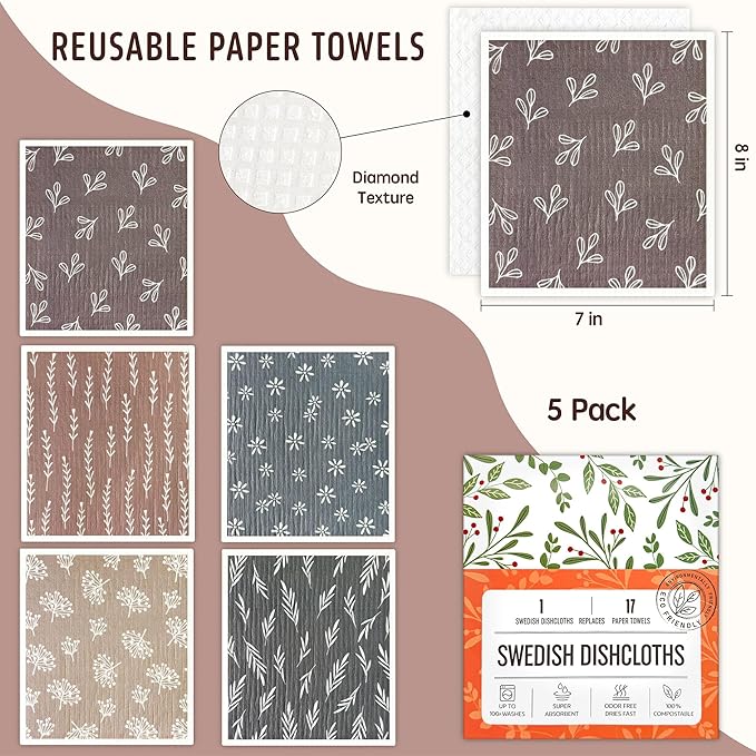 Swedish Dishcloths for Kitchen, 5 Pack Reusable Paper Towels Washable, Super Absorbent Swedish Dish Cloths, Non-Scratch, Biodegradable