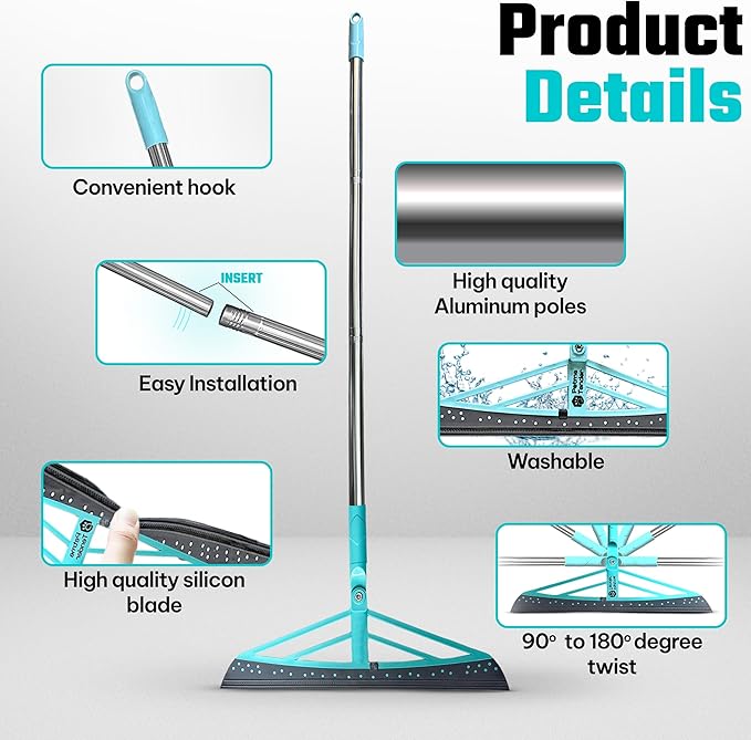 Magic Broom Squeegee Dog Pet Hair Remover, Rotatable, Height Adjustment - Silicone Broom Pet Hair Remover for All-Surfaces Hardwood Floors, Rugs, Tile, Glass, Liquid-Dirt with 50" Handle