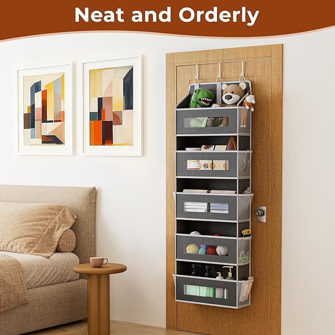 5 Tier Over The Door Organizer - Large Capacity Behind Door Hanging Shelves with 10 Mesh Pockets and Clear Windows, Closet Organizers and Storage for Bathroom, Bedroom, Nursery, Grey
