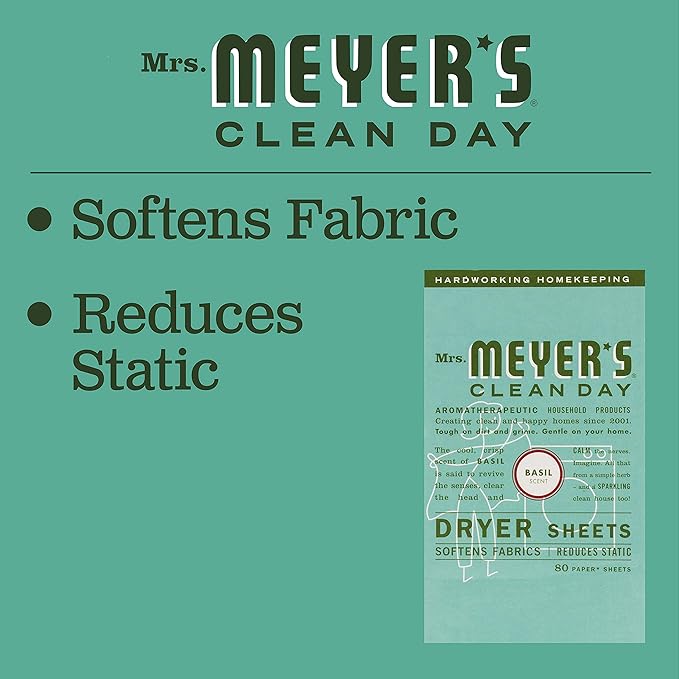 Mrs. Meyer's Clean Day Dryer Sheets, Softens Fabric, Reduces Static, Cruelty Free Formula, Basil Scent, 80 Count
