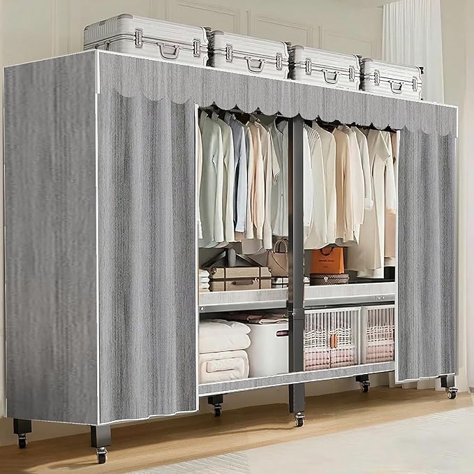 Heavy Duty Portable Closet with Cover Foldable Covered Clothes Rack for Hanging Clothes Armoire Wardrobe Closet System Freestanding Coat Storage Garment Racks (light gray（70.6in）)
