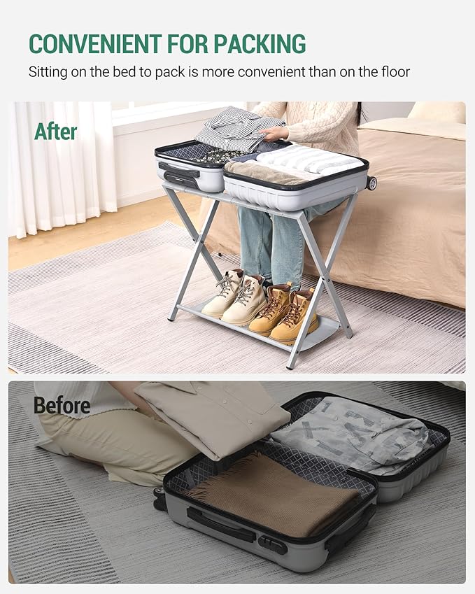 Hzuaneri Luggage Rack, Folding Suitcase Stand for Guest, Foldable, Luggage Holders with Shelf, Steel Frame with Nylon Straps for Bedroom, Hotel, Holds up to 154 lb, Grey, 2 Pack LR03999G