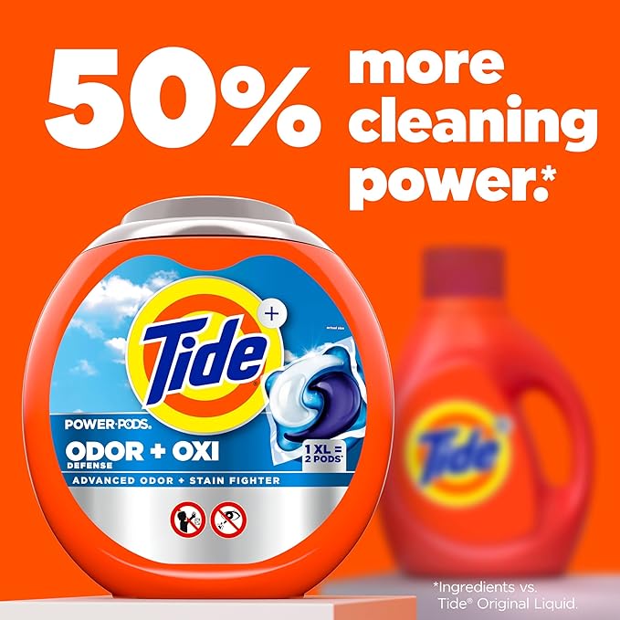 Tide Odor Defense + Oxi Laundry Detergent Pacs, Original Scent, 63 Count, Advanced Odor + Stain Fighter