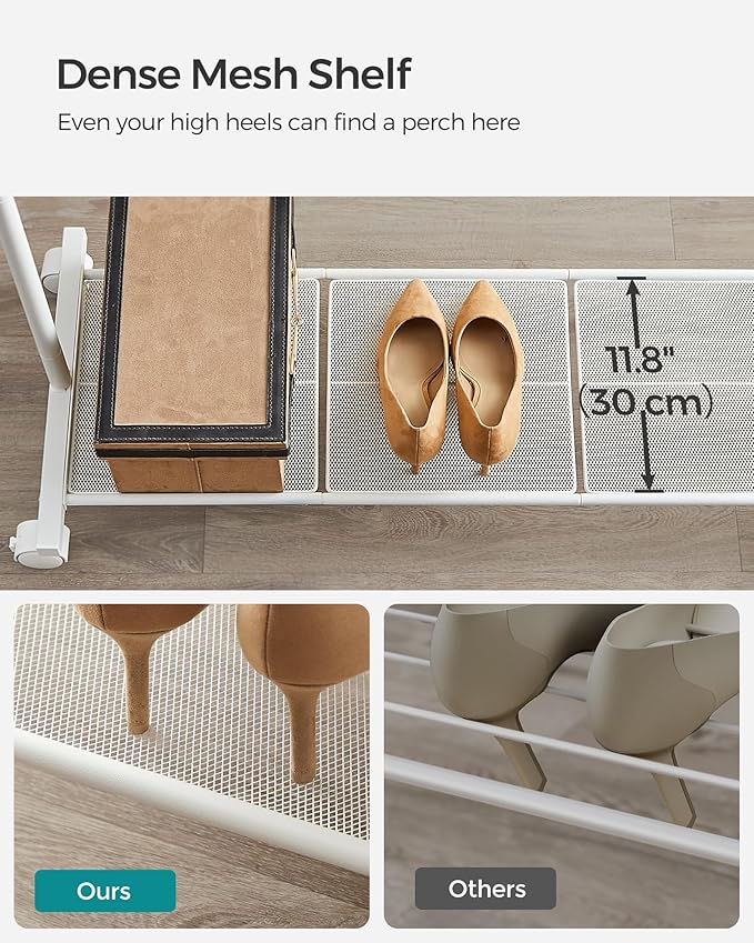 SONGMICS Clothes Rack with Wheels, Double-Rod Clothing Rack for Hanging Clothes, 25.4mm Metal Garment Rack with Dense Mesh Storage Shelf, 110 lb Load Capacity, 2 Brakes, White UHSR027W01