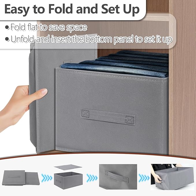 Jeans Organizer for Closet: Foldable Wardrobe Clothes Organizer with Handle, Stackable Closet Clothes Drawer Organizer Tshirts with 7 Grids for Leggings, Sweater, Jean, Pants, Grey (4 PACK)