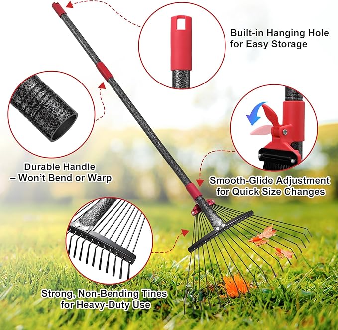 Adjustable Garden Leaf Rake - 58" Heavy Duty Metal Leaves Rake with Expandable Head (8”-17”), Collapsible Kids Rakes for Gardening Beds,Yard,Lawn,Shrub,Small Areas,Pine Needle & Camping Cleaning