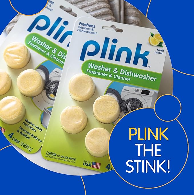 Plink Washer and Dishwasher Freshener and Cleaner, Prevents Residue, Removes Odors in Kitchen and Laundry Room Appliances, Septic-Friendly, Fresh Lemon Scent, 2 Packs of 4, 8 Tablets Total