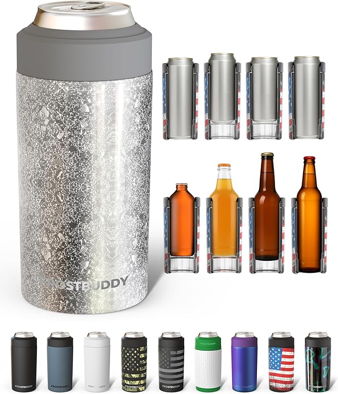 Frost Buddy Universal Can Cooler - Fits all - Stainless Steel Can Cooler for 12 oz & 16 oz Regular or Slim Cans & Bottles - Stainless Steel (Silver Sleigh)