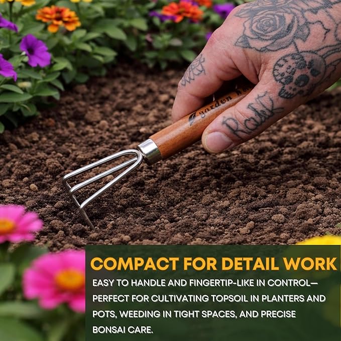 Mini Hand Cultivator Garden Tool 3 Claws - Heavy Duty Japanese Steel with Wood Handle - Small Rake Tiller for Aerating Soil, Digging, and Weeding - Made in Japan