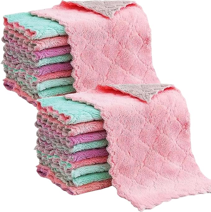 Reusable Microfiber Kitchen Cleaning Cloths – Super Absorbent, Quick-Drying Dish Towels for Kitchen Car Furniture Bowl Tea. 10.6" x 6.3" Coral Velvet Dishcloths Lint-Free Machine Washable 20 Pack Rags