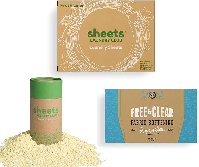 Sheets Laundry Club Bundle - 50 Pack (up to 100 loads) Fresh Linen Detergent Sheets, 40 Pack Lavender Dryer Sheets & 8 Oz. Lavender Scent Booster - New Liquidless Technology