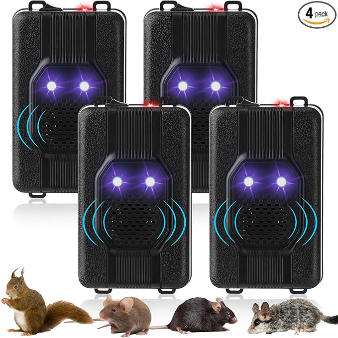 Qualirey 4 Pcs Ultrasonic Rodent Repellent for Car Engines Car Rodent Repeller Under Hood Battery Operated Rat Repellent with Strobe Light Keep Pest Squirrels Mice Out of Garage RV Outdoor