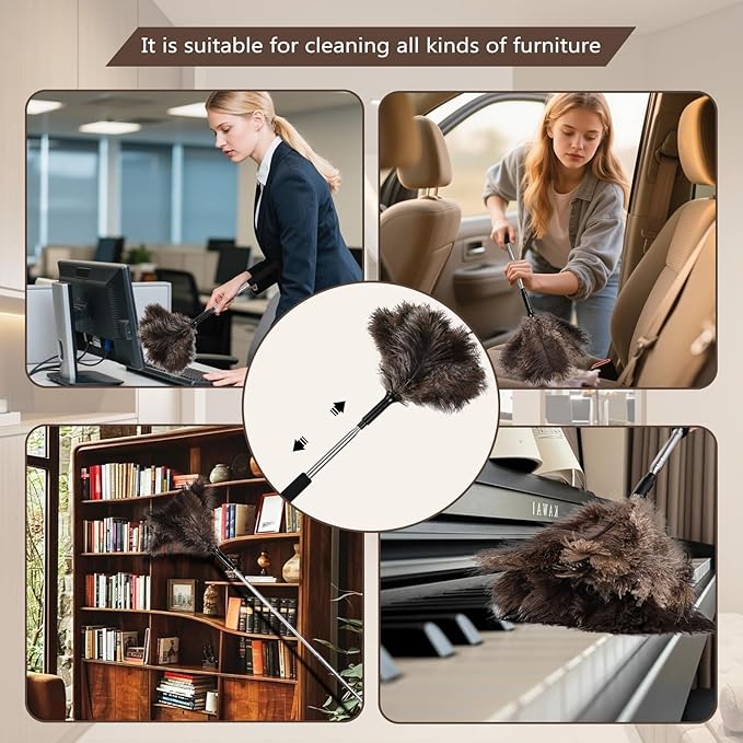Telescopic Ostrich Feather Duster, 59-inch Naturally Fluffy Long-Handled Feather Duster, Soft, Durable and Reusable for Cleaning high Ceilings, Walls, Fans, Furniture and Blinds in The Home Office