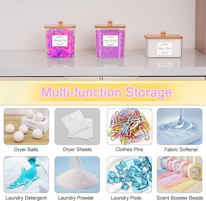 efluky 2 Pack Laundry Pods Container & Dryer Sheet Holder Set,Clear Laundry Room Organization Containers with Bamboo Lids and Labels,Laundry Pods Holder for Scent Booster,Powder,Pod