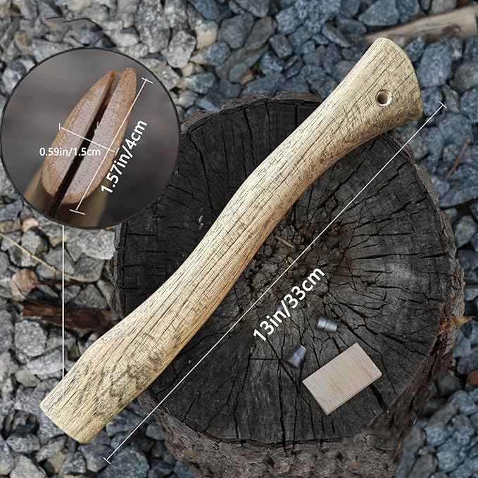2 Pack Hickory Hatchet Handle Replacement for Camping Gardening Axe, 13in Axe Handle Replacement with Wooden and Steel Wedges Camping Essentials