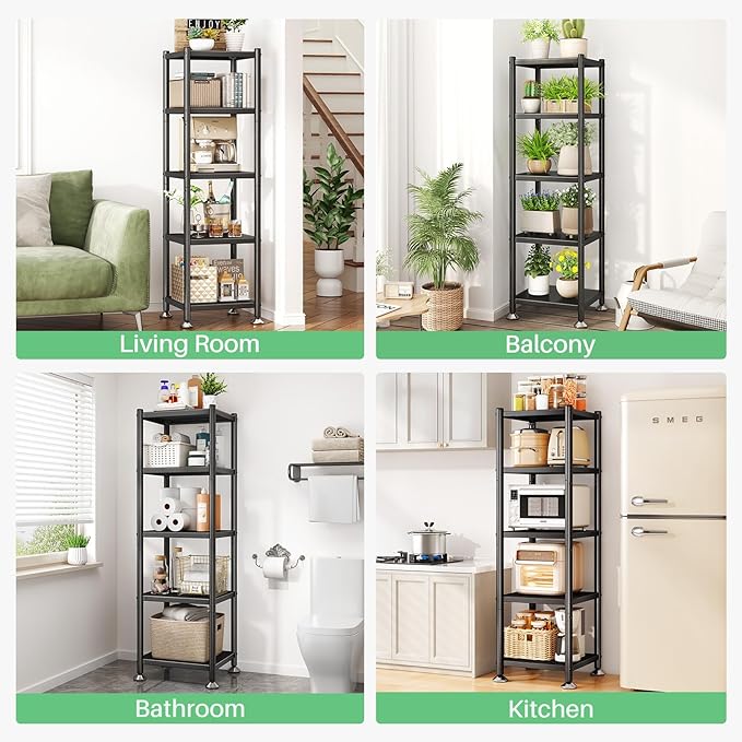 PXRACK 5-Tier Kitchen Storage Shelves, Adjustable Metal Shelves for Storage Pantry Shelves with Rolling Wheels, Storage Rack Shelving Unit Organizer for Bedroom Laundry Closet