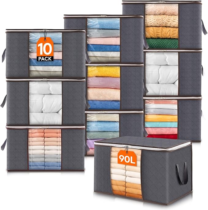 Lifewit 10 Pack 90L Clothes Storage Bins with Lids, Foldable Blanket Storage Bags with Zippers, Clear Window and Reinforced Handles, Closet and Organization for Clothing, Sweater, Comforter, Bedding