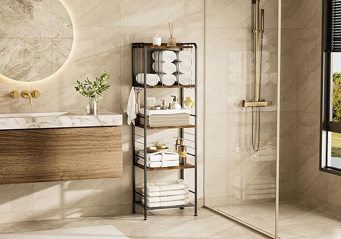 TETOTE Towel Rack for Bathroom 5-Tier Towel Holder with M-Shaped Detachable Dividers Hooks Bathroom Towel Storage Organizer, Rustic