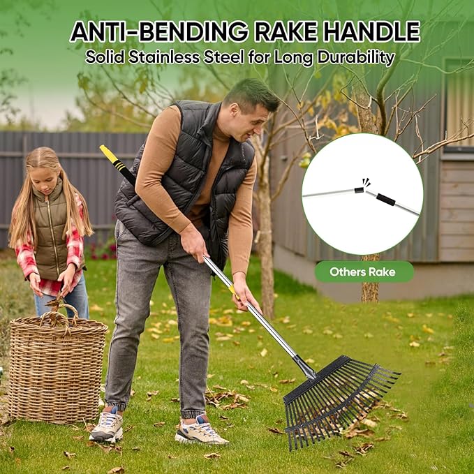 Rake Heavy Duty 6FT Long Garden Rake , 18.5 Inch Wide Leaf Rake for Lawns, 25 Metal Tines, Adjustable Stainless Steel Handle, Rakes for Leaves, Yards, Grass, Garbage, Weeds, Debris (Yellow)