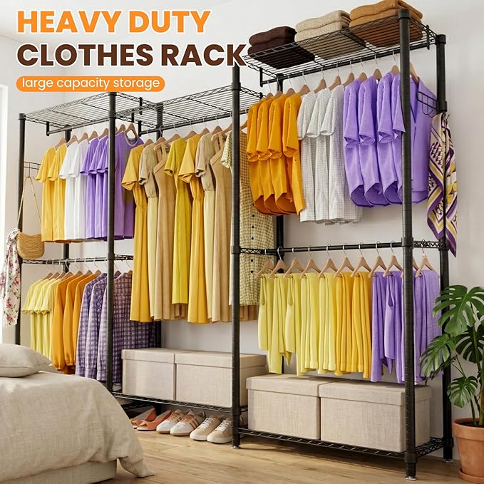 Extra Large Clothes Rack, Heavy Duty Clothing Rack for Hanging Clothes, Freestanding Clothing Rack Closet, Adjustable Metal Garment Rack, Portable Closet 76.4"W x 15.7"D x 68.5"H, Hold 792 lbs, Black