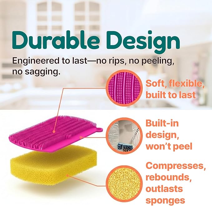 3-in-1 Silicone Scrubber Sponge with Squeegee – Non-Scratch Kitchen Sponge for Dishes, Sink & Bathroom, Quick-Dry, Reusable Cleaning Tool (Teal)