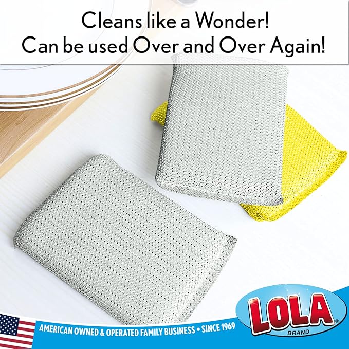 LOLA Wonder Non-Scratch Scouring Pad, Large Knitted Flat Wire Cloth Fibers w/Foam Sponge Core, Assorted Colors (Gold or Silver), 1 Pack