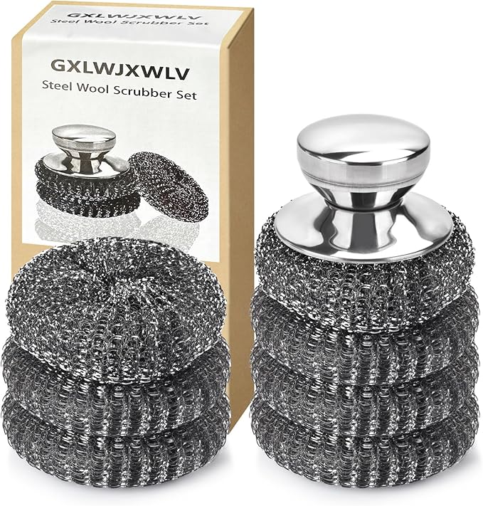 7PCS Steel Wool Scrubber Pads, Stainless Steel Scrubber Set with 1PCS Handle, Metal Scrubbers for Cleaning Kitchen and Household, Dishes, Stoves, Grill, Wash Sink, Pots